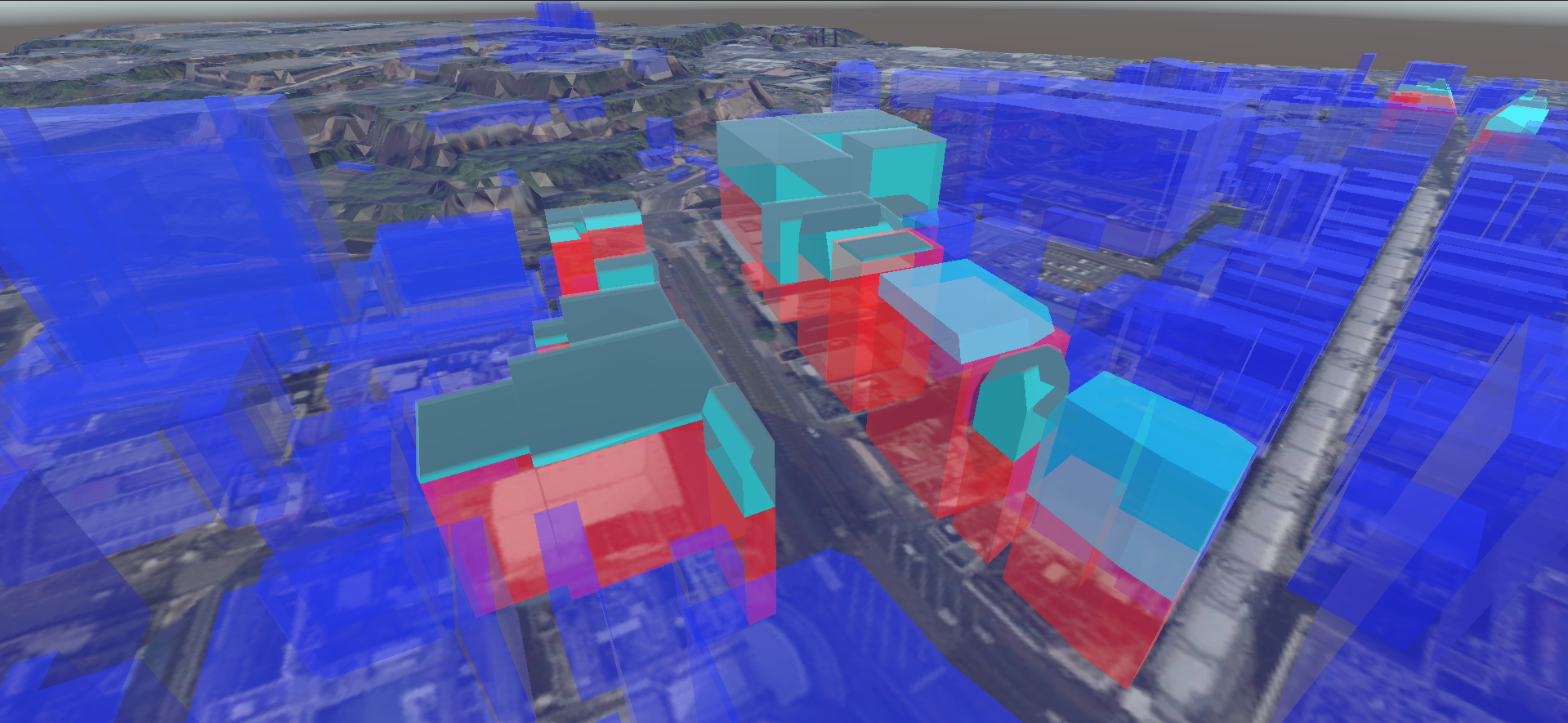 航空写真に重ねて建物や建築可能領域を可視化した3D都市モデル